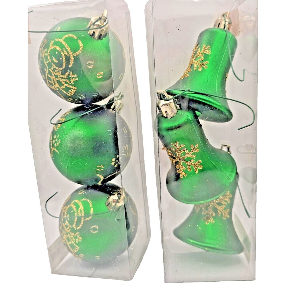 Holiday Home Christmas Ornaments 3 Round w/Snowmen, 3 Bell w/Snowflakes Dark